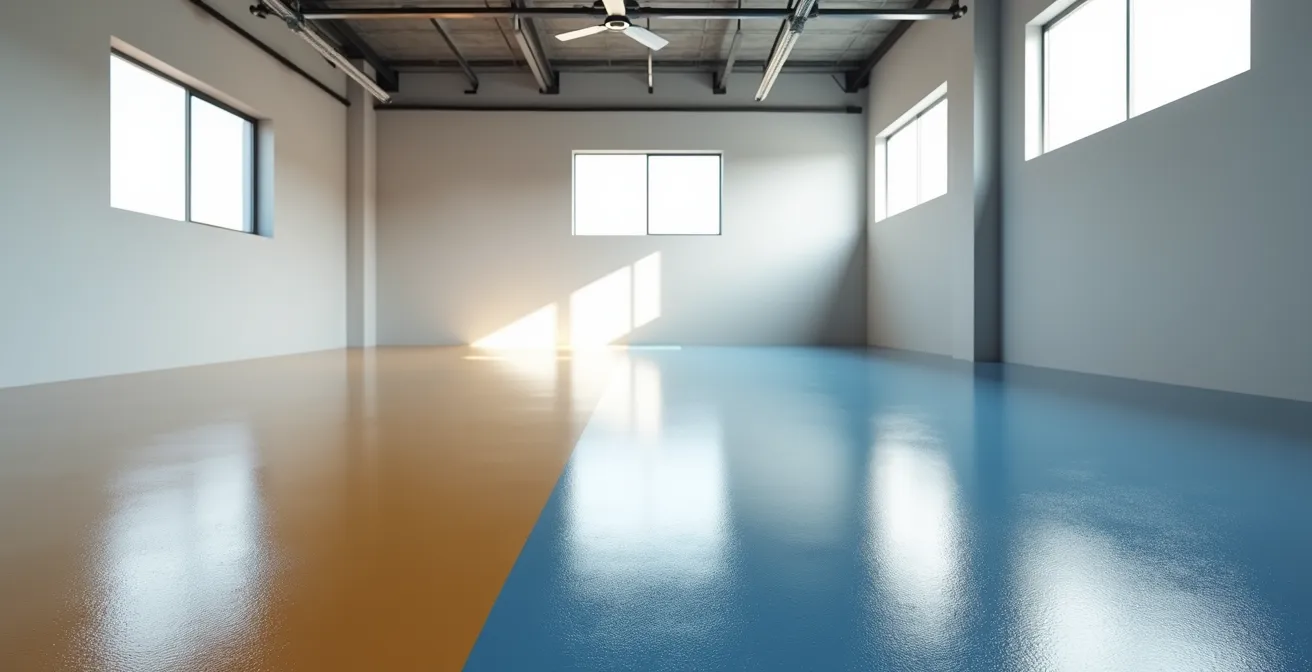 Vue large d'un sol de garage montrant différentes zones avec finitions époxy brillante et polyuréthane mate