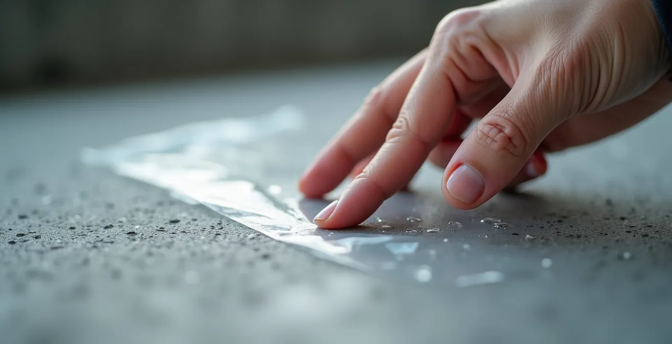 Gros plan sur une main effectuant un test d'humidité sur béton avec une feuille plastique transparente adhésive